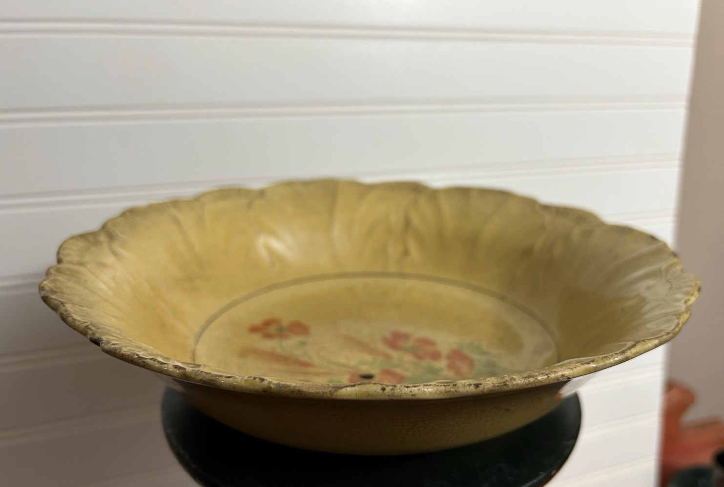Antique Vintage Serving BOWL Heavily Stained & Crazed Toasty Floral Queen Wheat