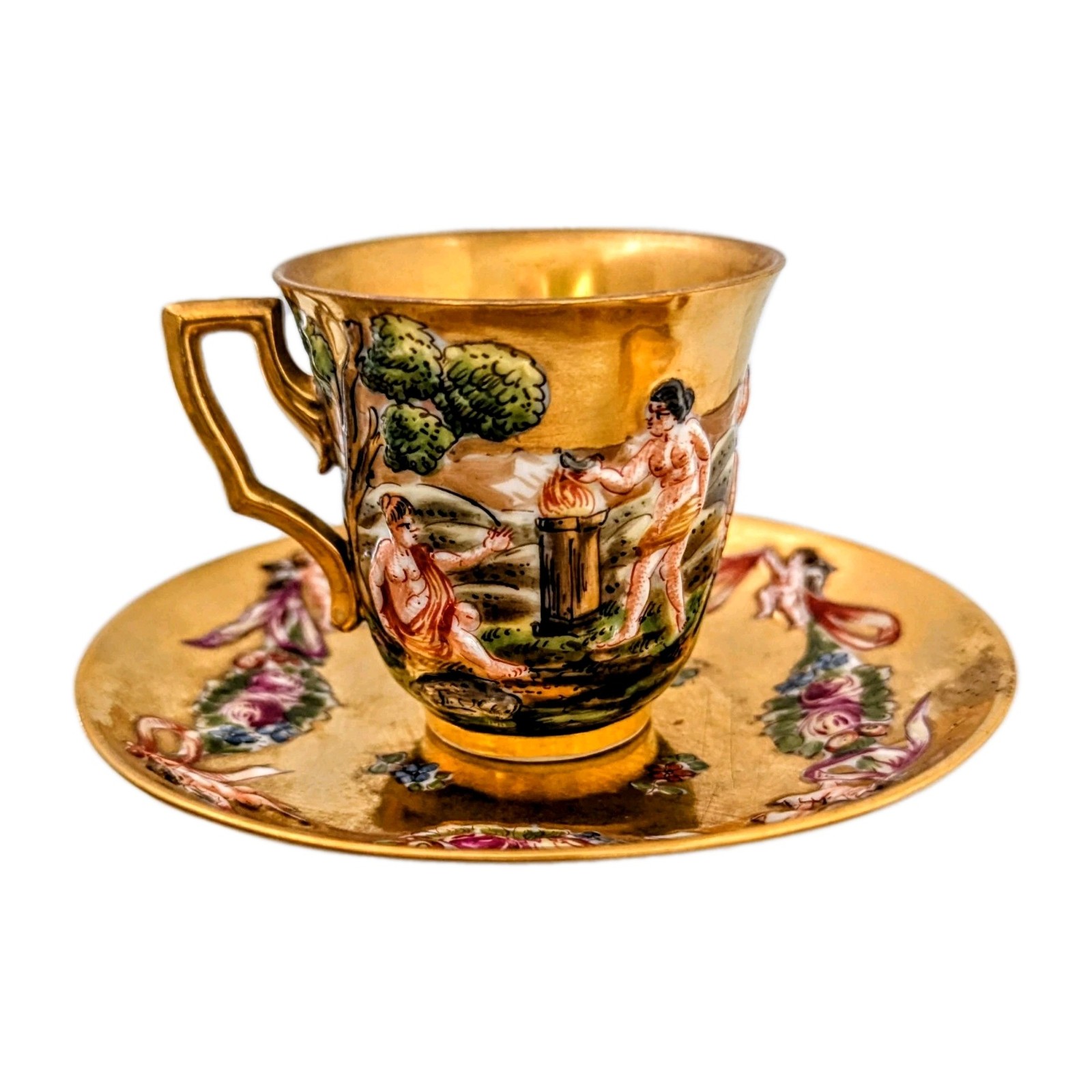 Antique 19th Century Gold Capodimonte Cherub Design Demitasse Cup Saucer N