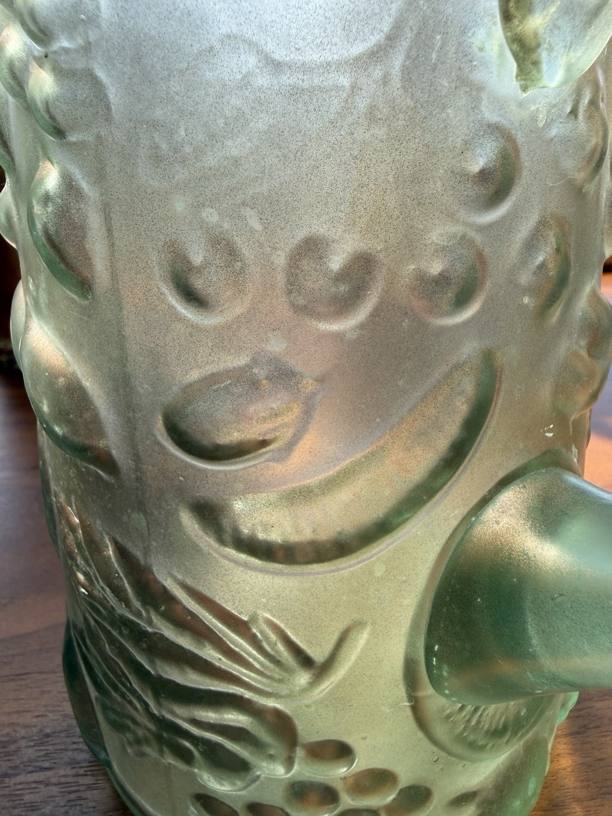 Vintage Ittala Frutta Green Opalecent Tall 9 3/4” Pitcher, Pre Owned.