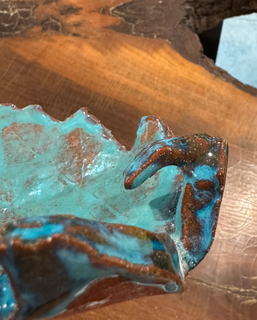 Handmade Studio Pottery Leaf Dish Signed Amy Turquoise Glaze