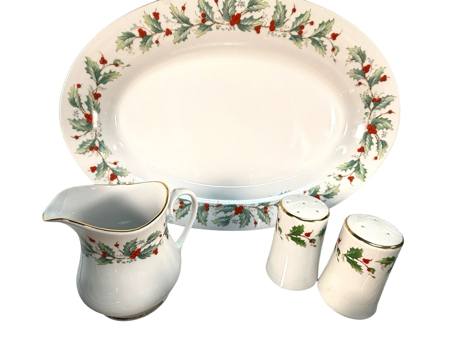 82pc China Pearl NOEL Christmas Dinnerware Set Service for 16 Muted Black Stamp