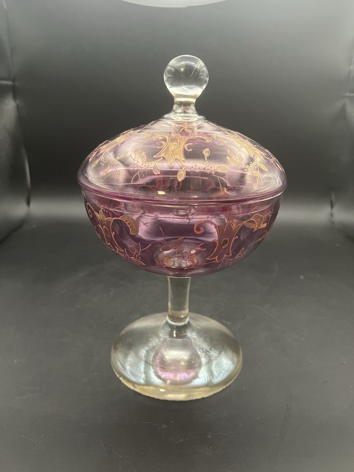Cranberry Glass Candy Dish Bohemian Czech Lidded Pedestal Gold Details Vintage