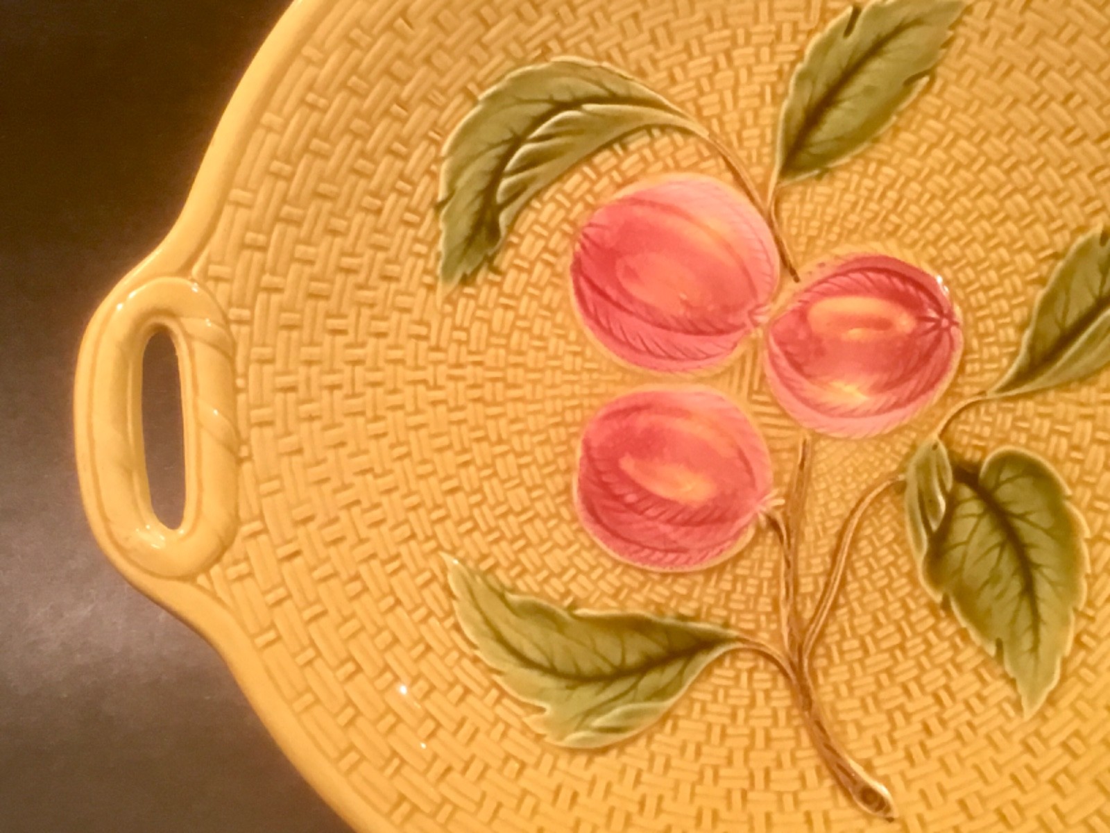 Antique Majolica Fruit and Leaves on Basketweave Platter c.1907