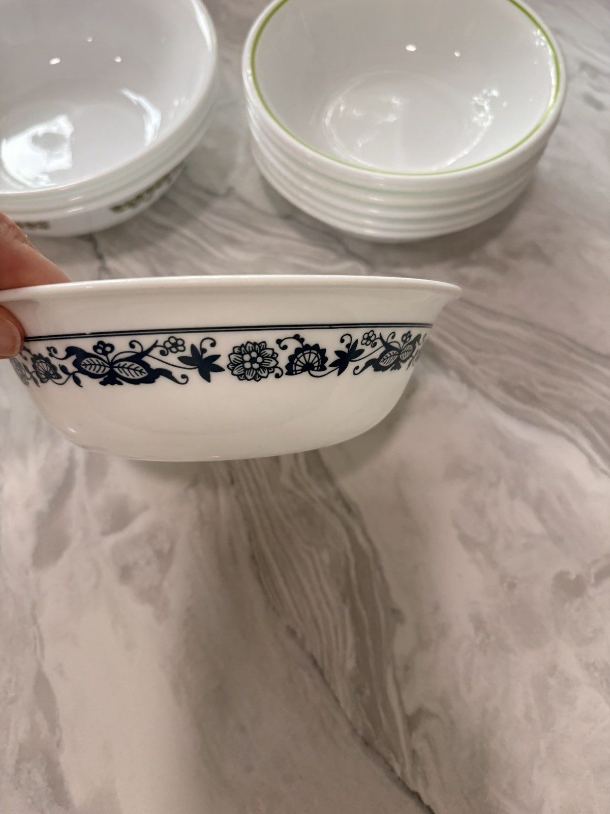 Mixed Lot Of Retro Corelle Bowls Large And Small Green, Blue And Plain 10 Total