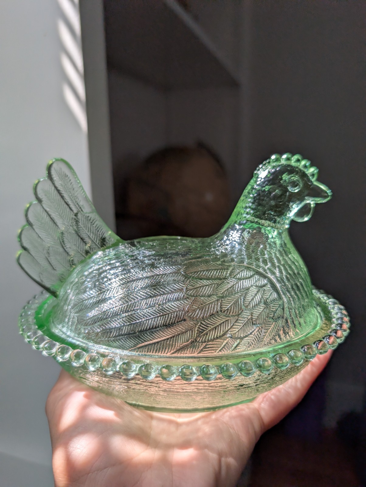 Vintage HTF Indiana Glass Pastel Light Lime Green Hen on Nest Beaded Candy Dish