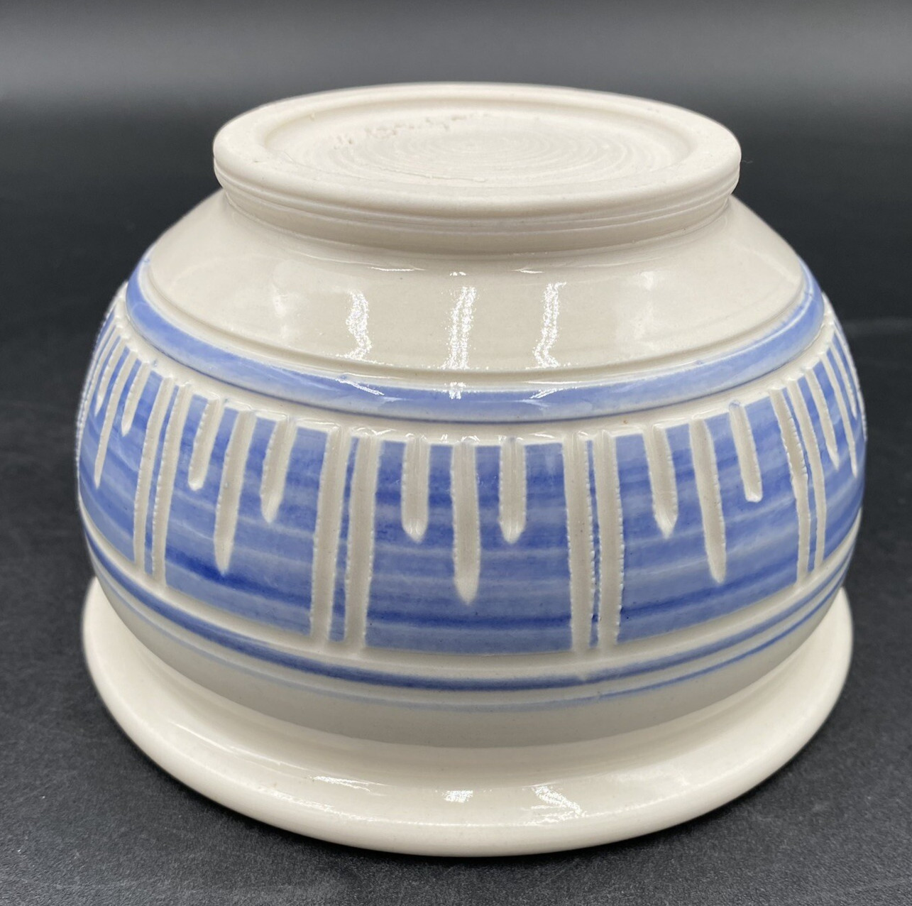 Alice Boysen Handmade Stoneware Footed Bowl, Vertical Bands on Blue, Signed
