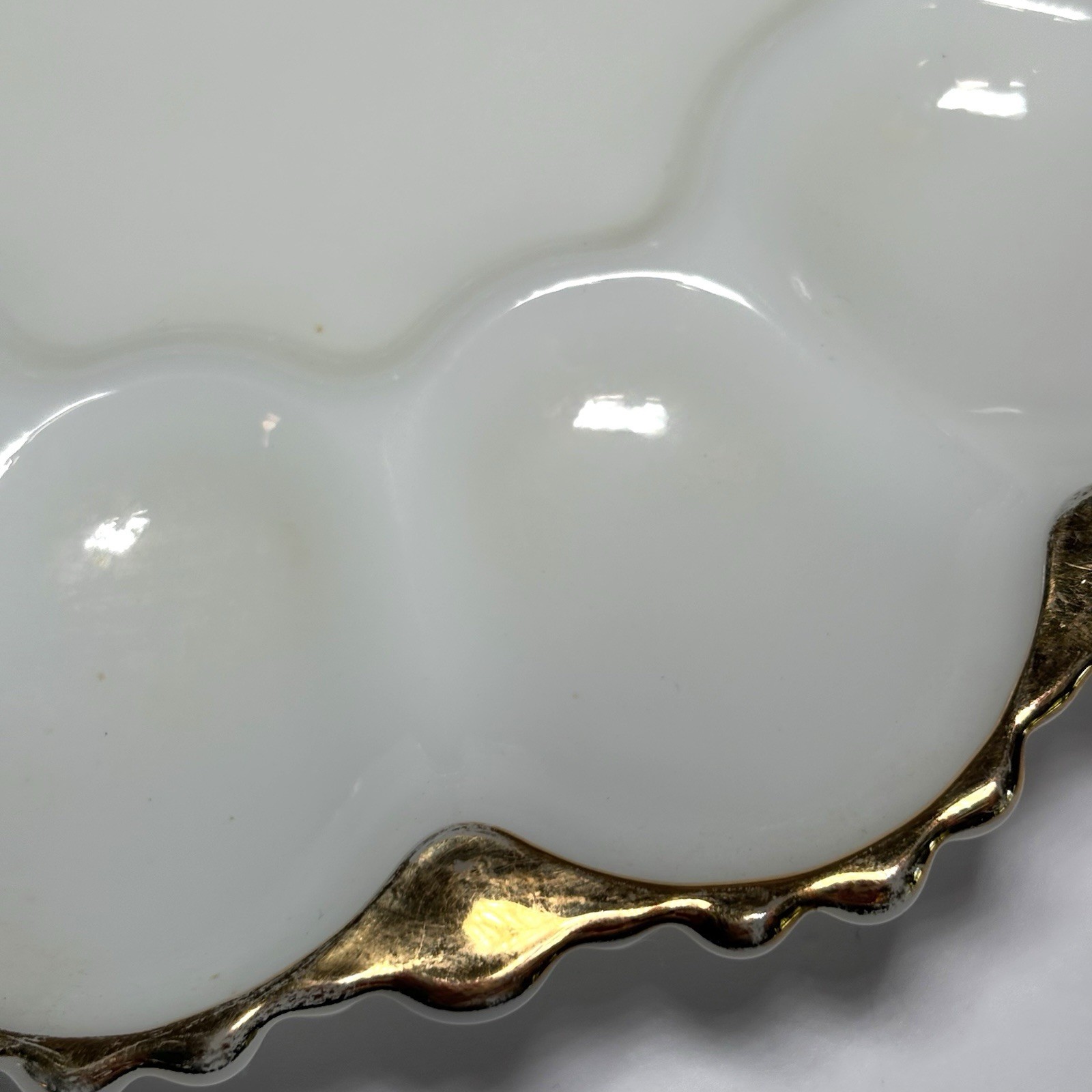 Vintage Anchor Hocking White Milk Glass Gold Trim Deviled Egg Plate 10”