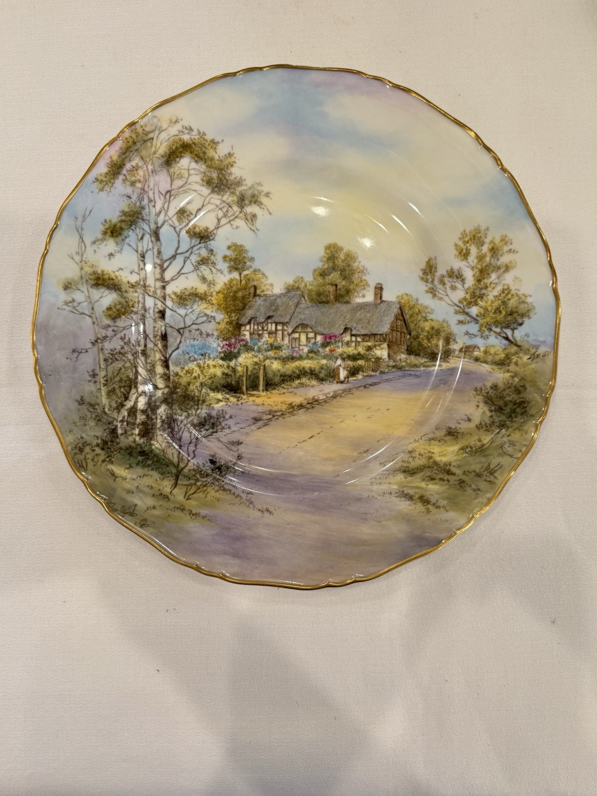 Pristine 1952 Royal Worcester Anne Hathaway Cottage Plate Signed J. Smith 10.5″