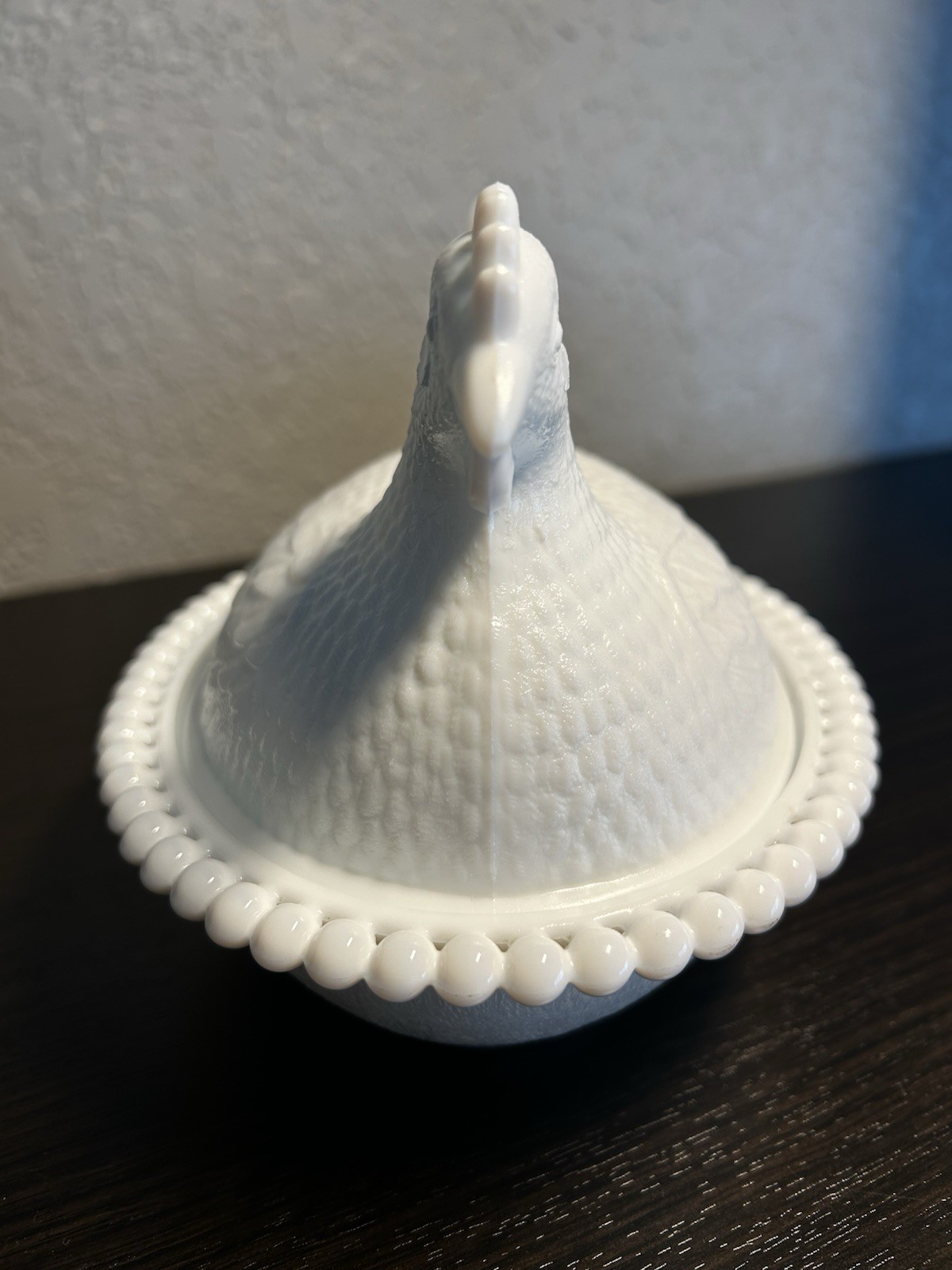 RARE! Indiana White Milk Glass Hen On Nest With Slotted Beading On Base