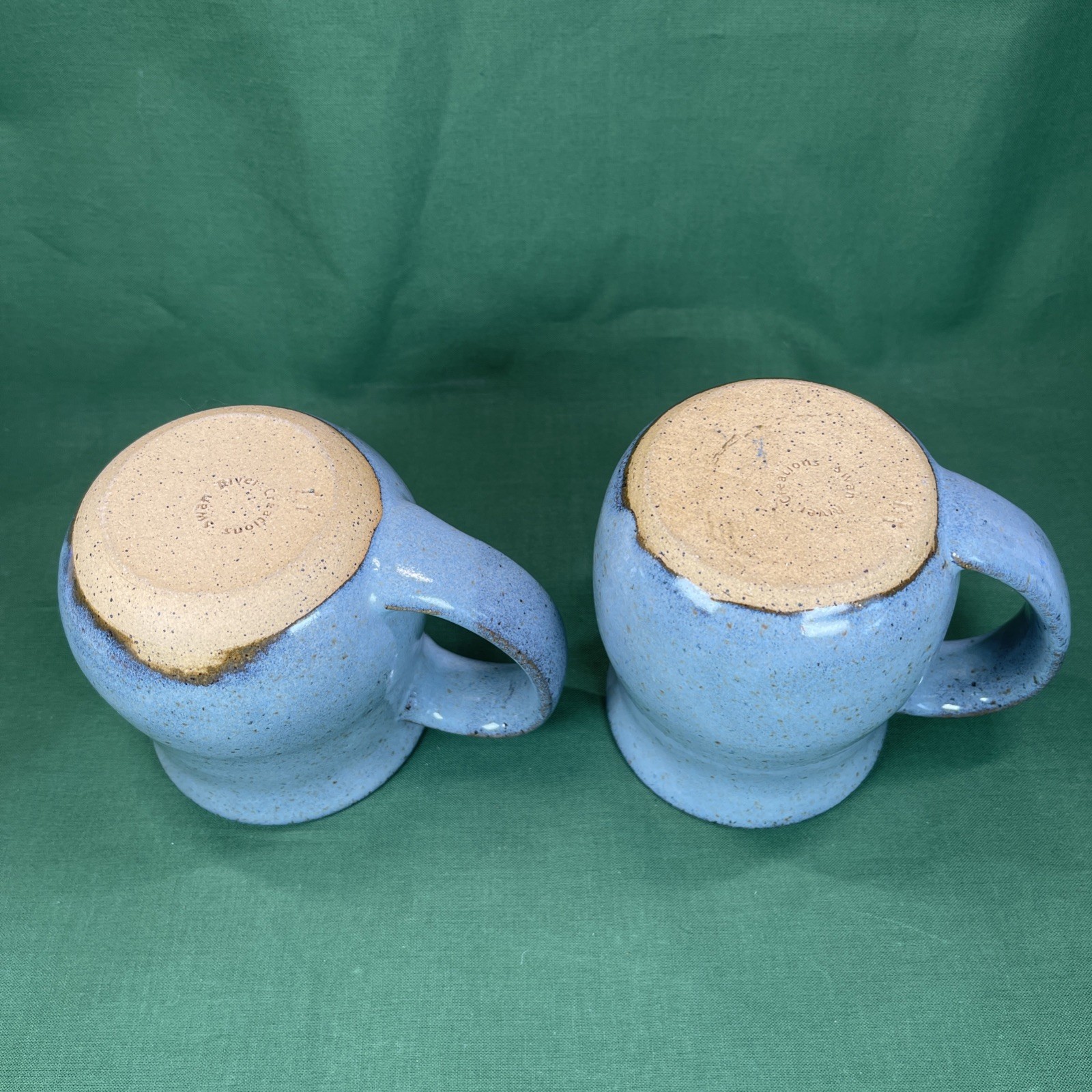 2 Studio Art Pottery Blue Grey & Tan Mugs Stoneware Mountains Eagle Design