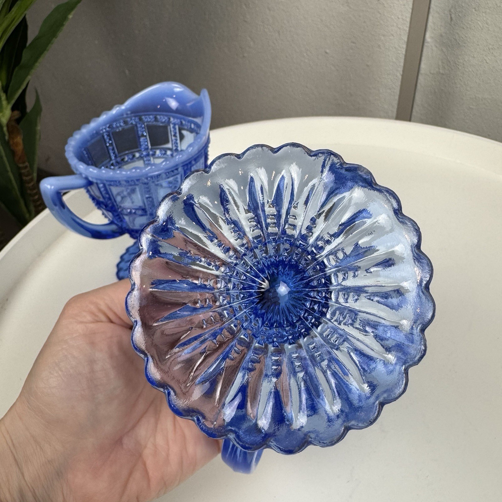 Vintage Deco Imperial Glass Beaded Block Blue Opalescent Cream & Sugar Set c1930