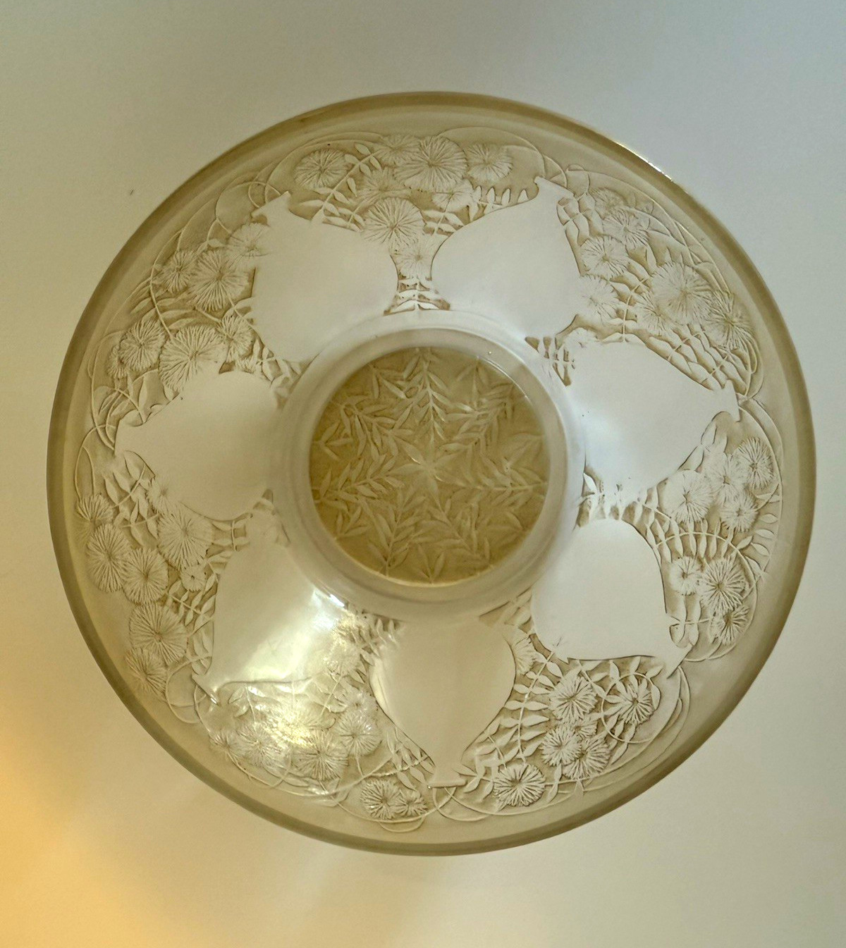 René R Lalique France Vases Bowl 5in Art Deco Nouveau Sepia Stain Glass 1927