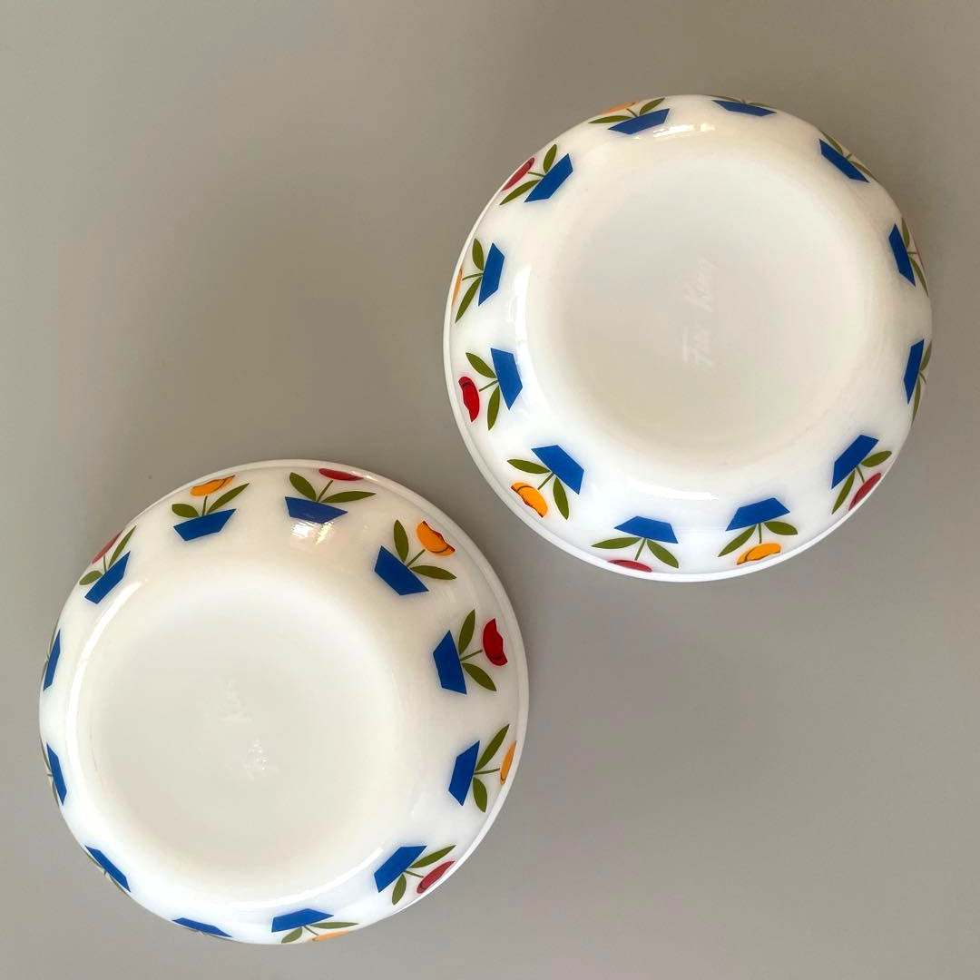 Fire-King 15oz Tulip Bowl Printed Milk Glass Ware Set of 2 Vintage Japan Retro