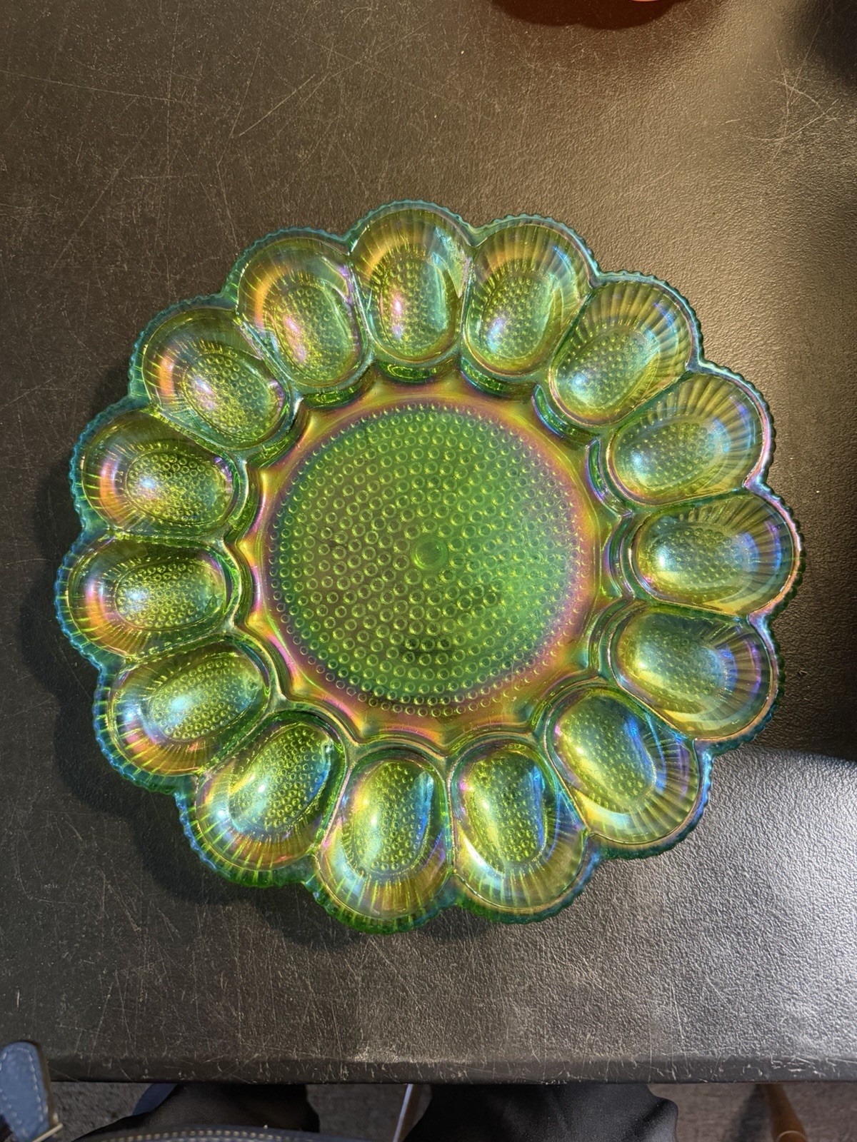 Vintage Indiana Glass Carnival Green Hobnail Egg Plate Iridescent