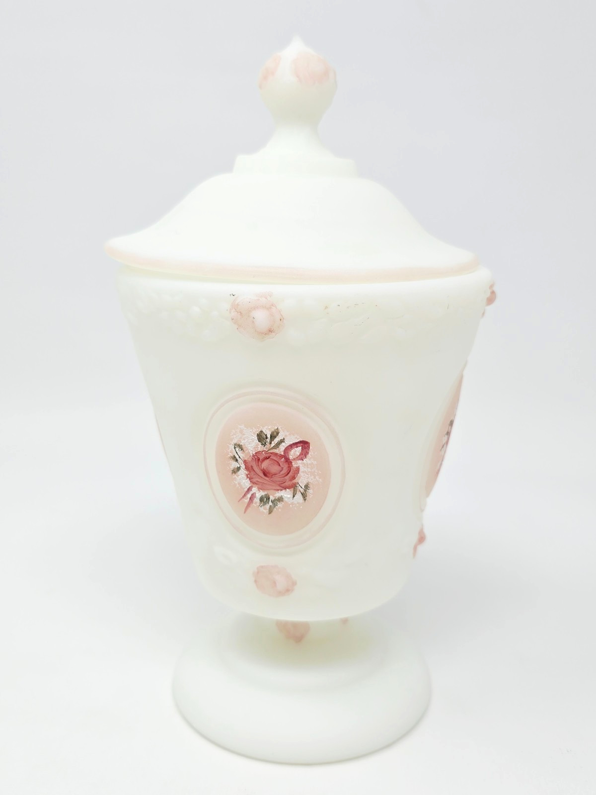 FENTON White Satin Pink Roses Painted Lidded Candy Dish 8.25″ Vintage