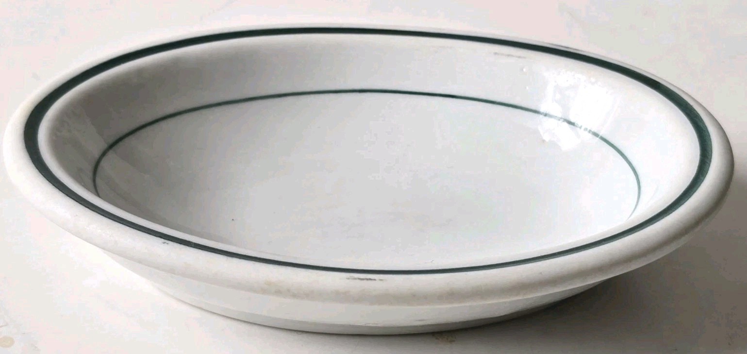Vtg Oval Ironstone Niagara China Soap Dish Restaurant Ware White Stripe Green 5″