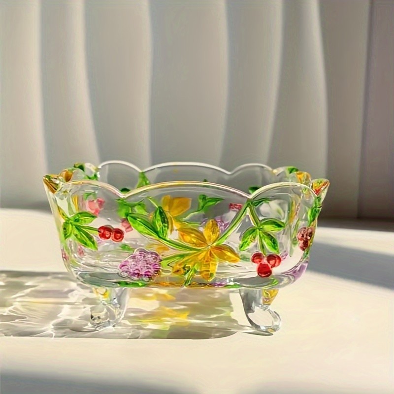 Vintage Glass Salad Bowl With Floral Serving Dish Fruit Bowl Colorful Home Decor