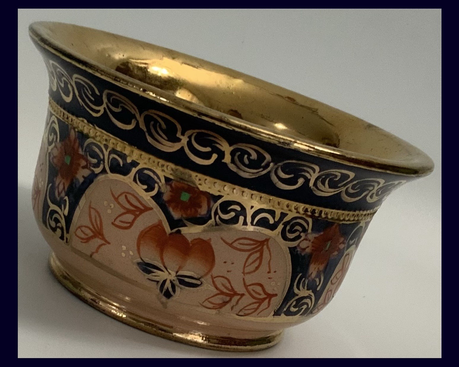 Vtg Copper Lusterware Bowl – 5” x 2¾” – Peach/Gold/Dark Blue/Rust Floral