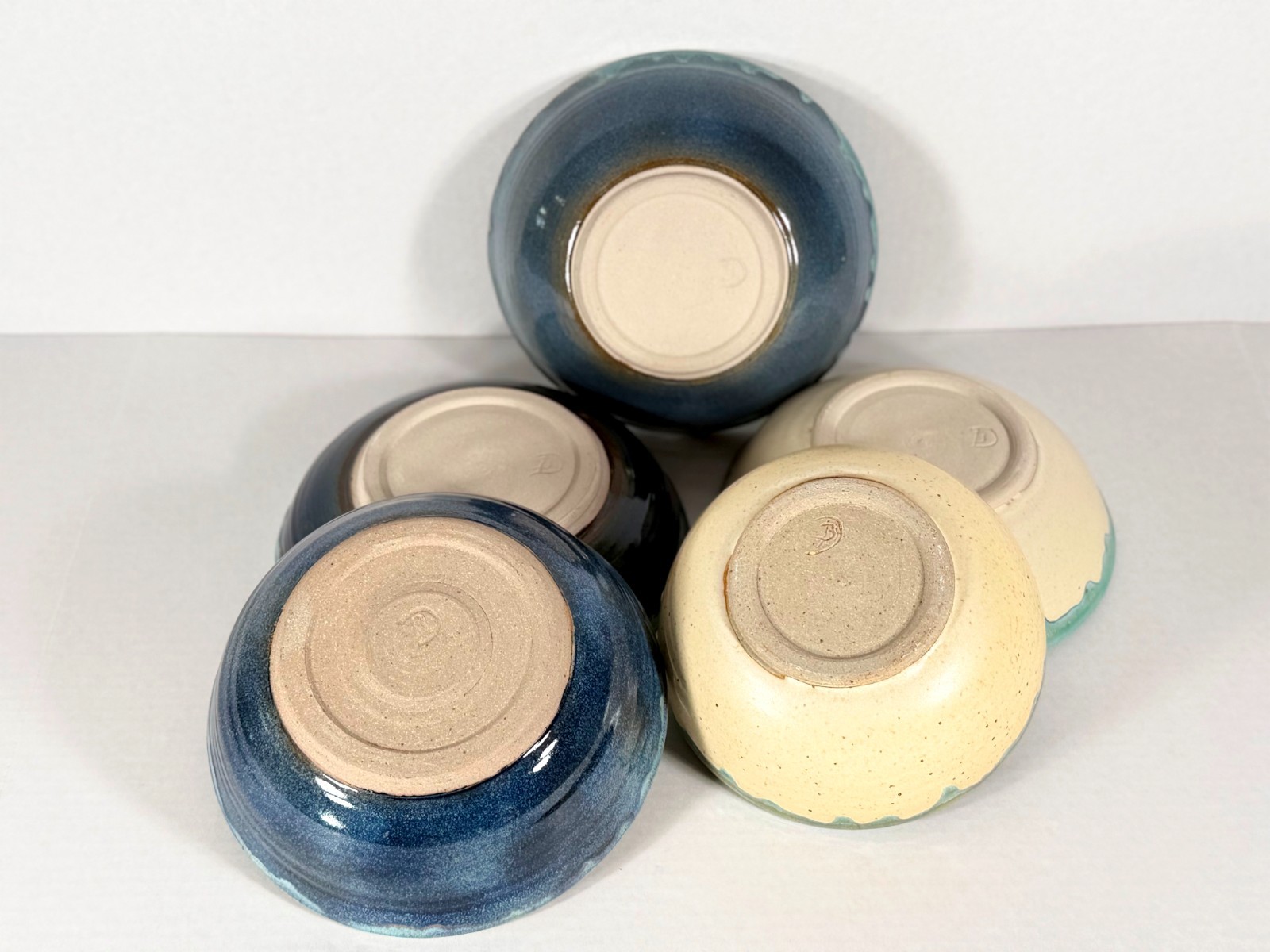 Set 5 Handmade Studio Pottery Bowls Signed D Blue Green Drip Glaze Stoneware