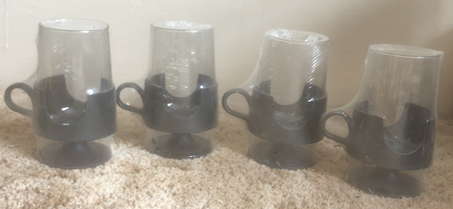 NEW Set of 4 Vintage Corning Glas-Snap Mugs Black Base Glassware 12oz Hot Cold