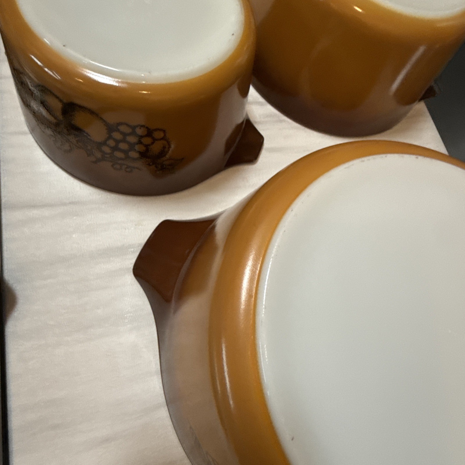 Lot of 3 Vintage Pyrex Old Orchard Brown Casserole Set with Lids 473, 474 475