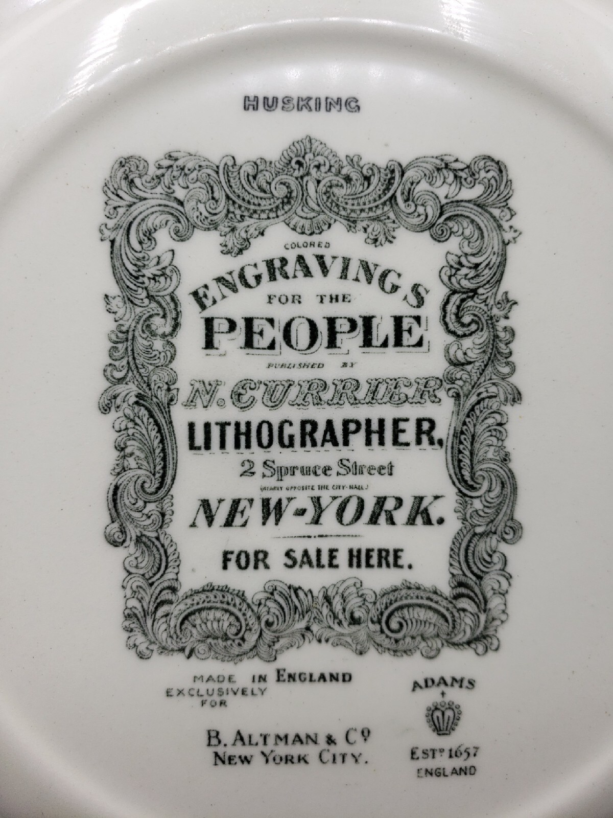 VTG Engravings for the People Plate Adams Currier 10.5″ Husking Farming Harvest