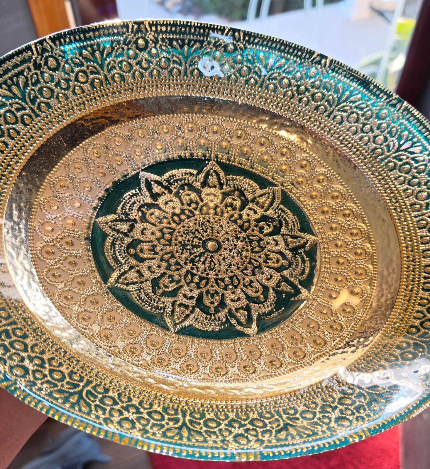 Turkish Glass Round Oval Serving Gold Green 11.5″ X 9″ X 2.5″ Beautifully Made