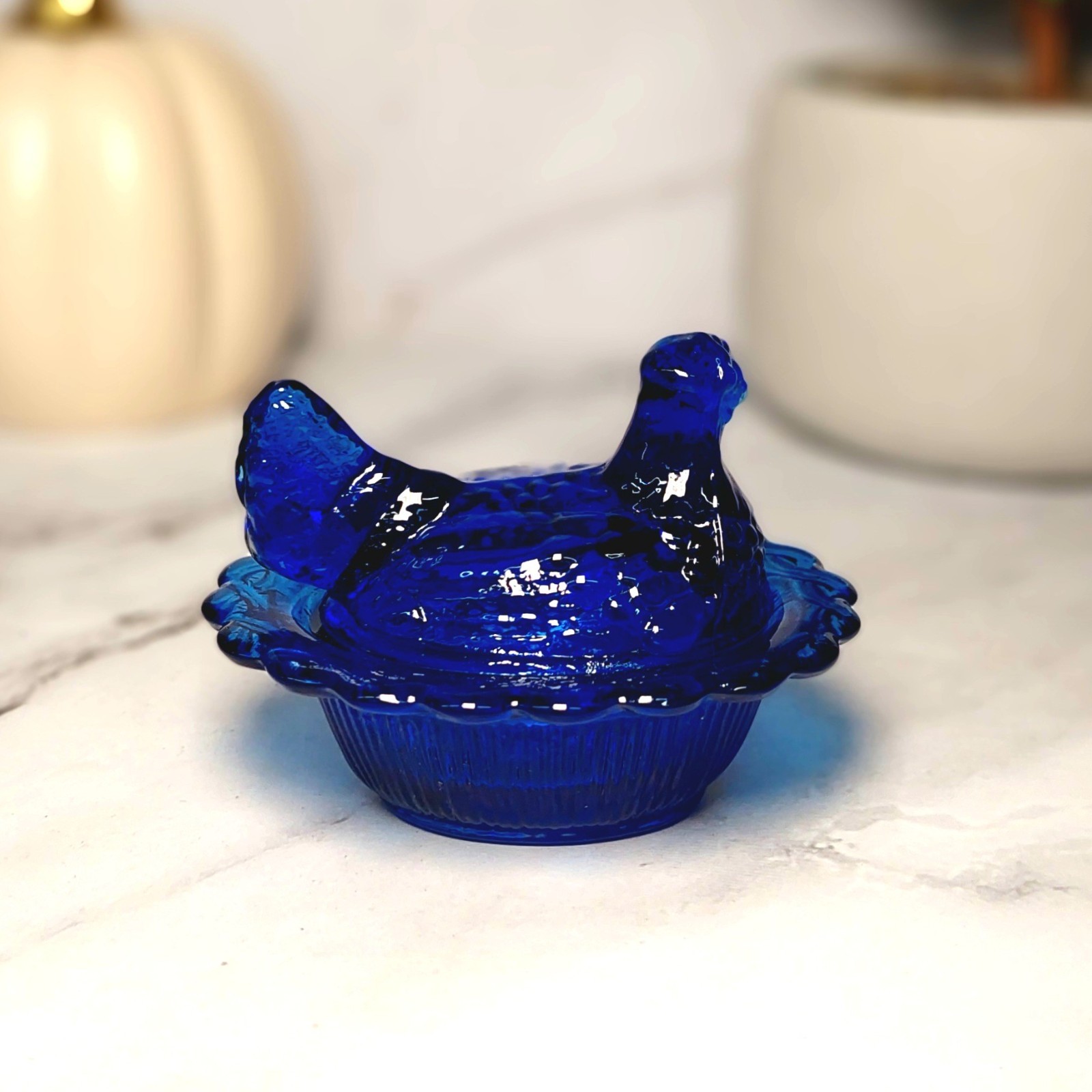 Mosser Cobalt Blue Glass Hen on Nest Salt Dish, Mini Chicken, Vintage Style
