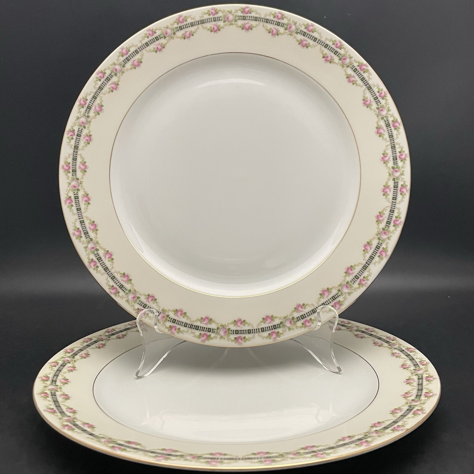 HW Crown Bohemian Rose Vines Dinner Plates 2pc Set Czechoslovakia 5″dia