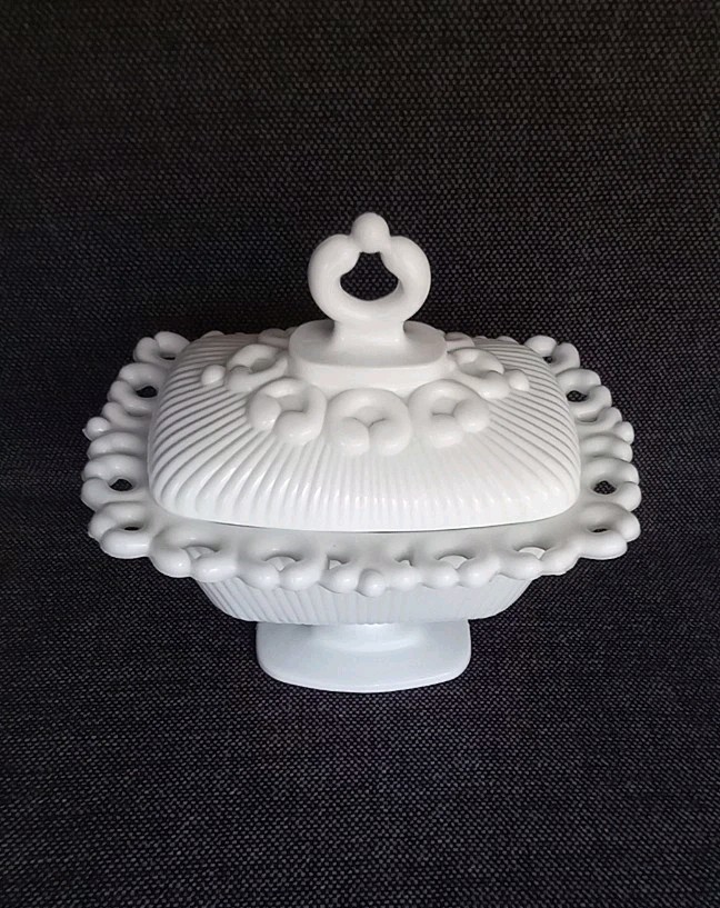 Westmoreland DORIC Ribbed Open Lace Milk Glass Pedestal Compote Bowl with Lid