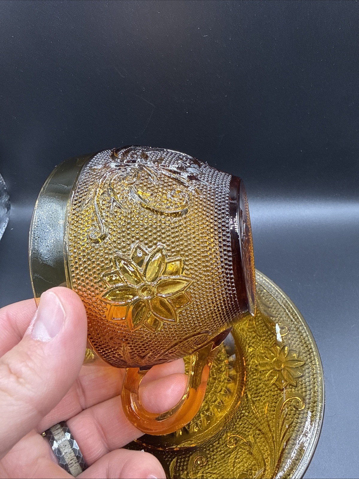 VTG Indiana Glass AMBER Tiara Sandwich Pattern Cup & Saucer Set Excellent