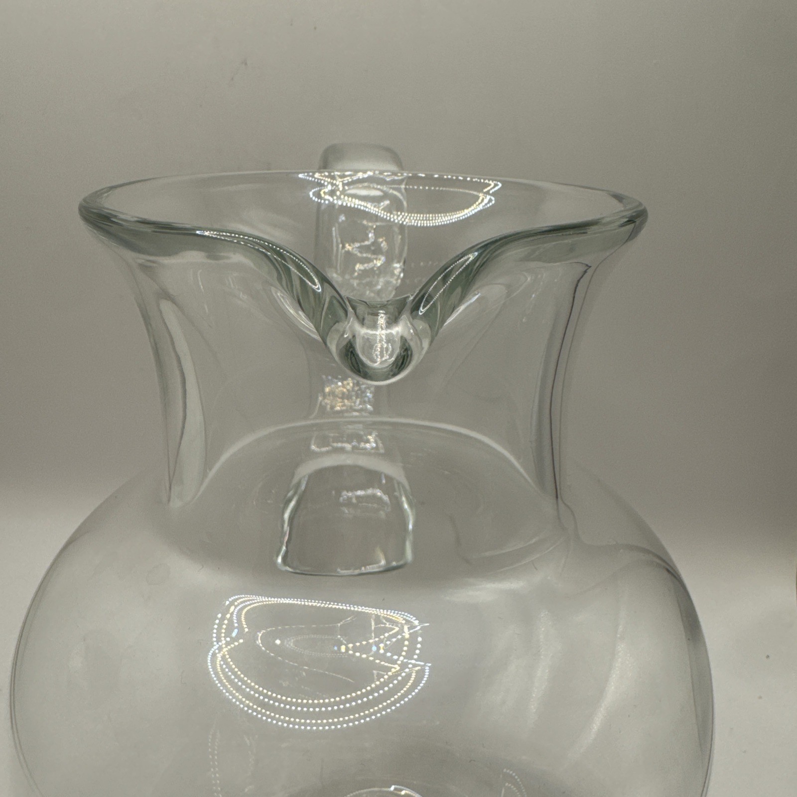 Vintage Blenko Style Clear Hand Blown Glass Pitcher 9″ High Polished Pontil Base