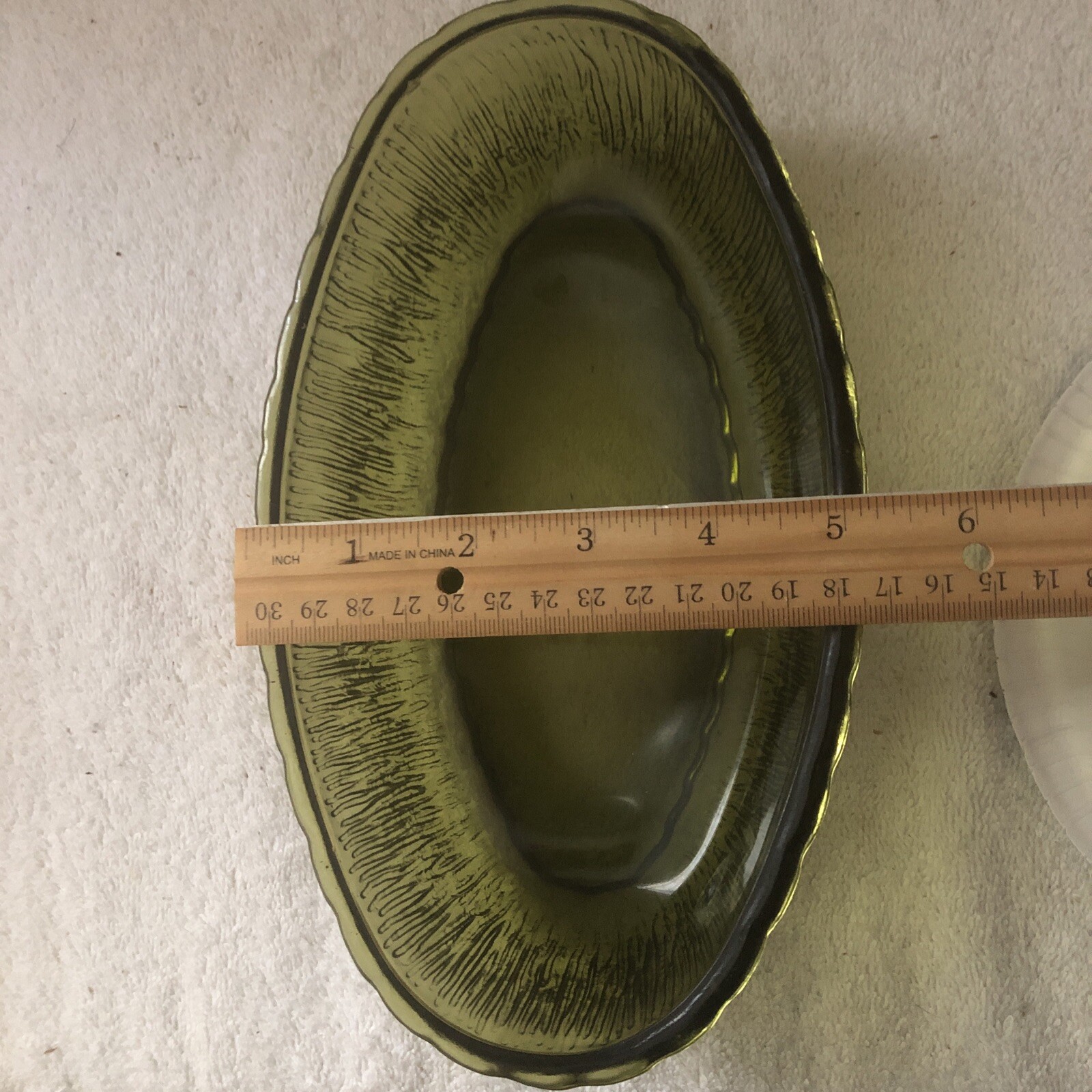 Oval Serve Dish Planter Bark Pattern 9.25×5.25×2.2 FTD 1975 Avocado Green Glass