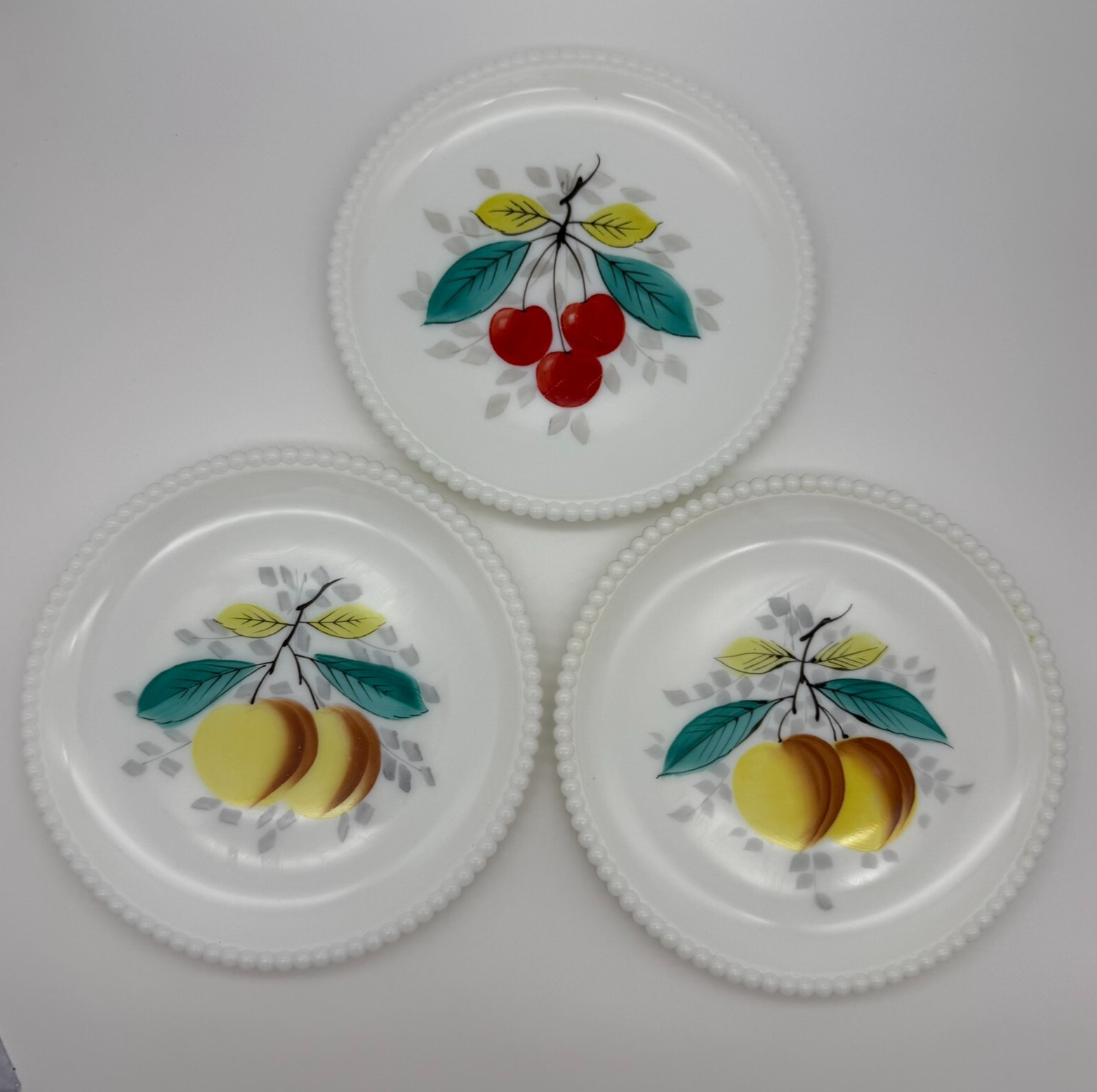 Set of 3 Westmoreland Milk Glass Fruit Plates 7.5″ Beaded Edge Vintage MCM