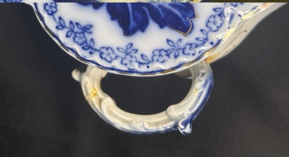 Antique Johnson Bros Normandy Flow Blue Oval Covered Vegetable Bowl Dish 11.5”