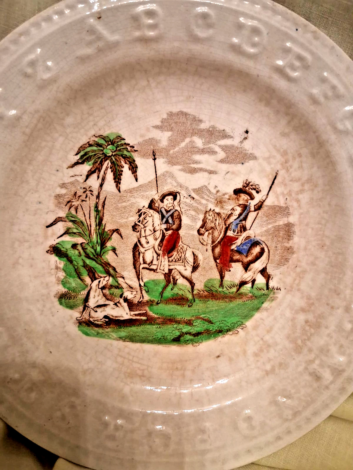 RARE~Antique 1800s Charles Allerton And Sons Child’s ABCs Plate~2 Men on Horses