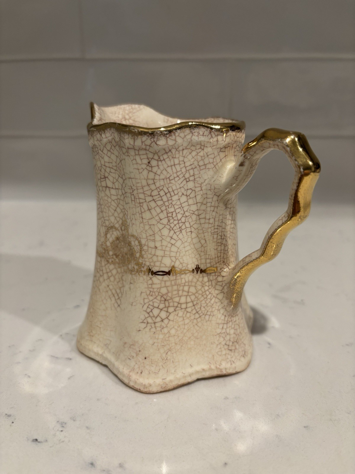 Antique White Ironstone Style Creamer Pitcher Stained Crazed Gold Transferware