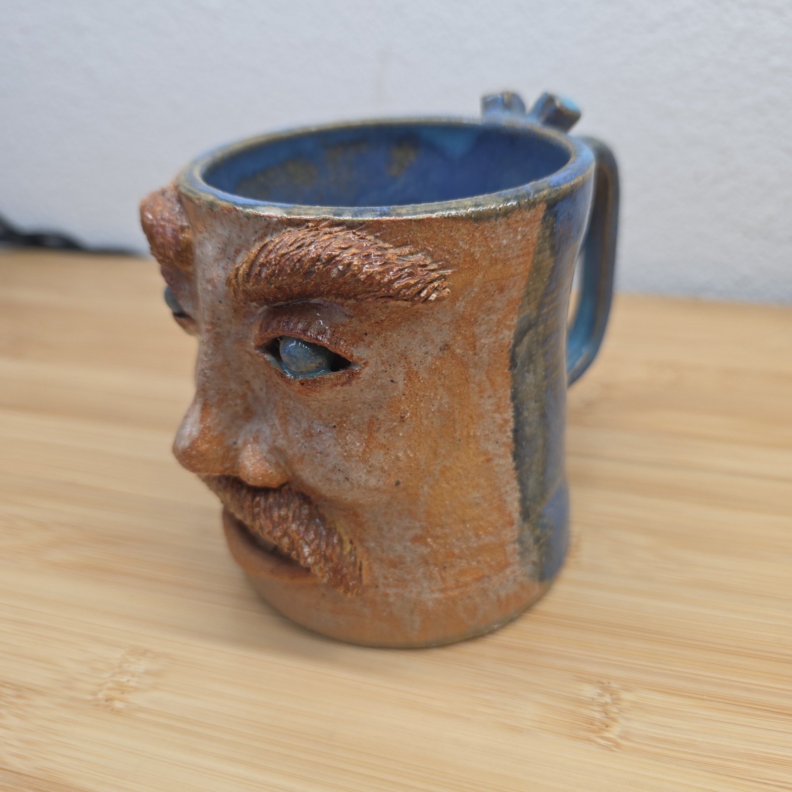 Hand Made Studio Art Pottery Unique Folk Art Man W/Mustache Face Mug Ugly