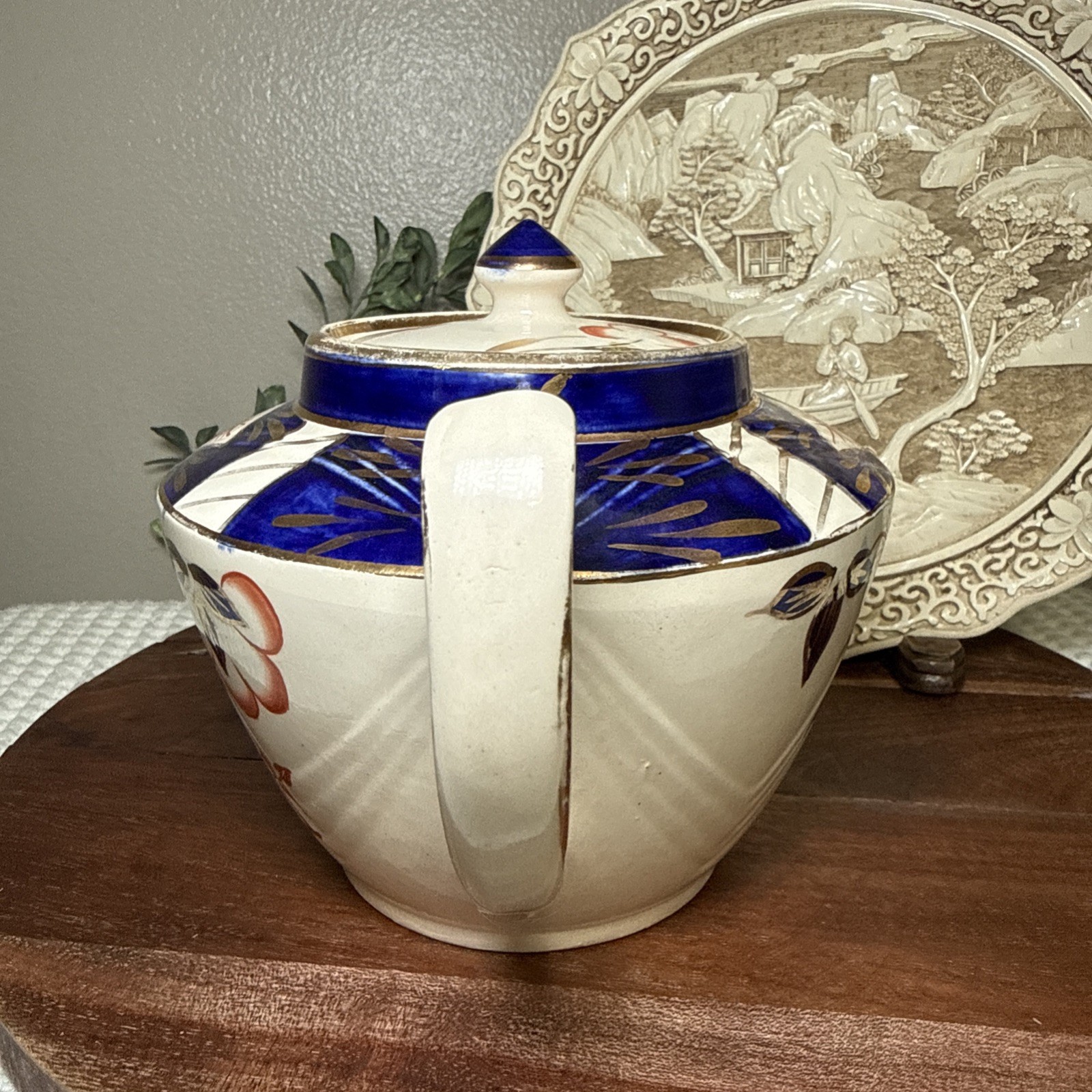 Sadler England Imari Floral Teapot Blue Rust Red Gold 10” Lid Chip Vintage