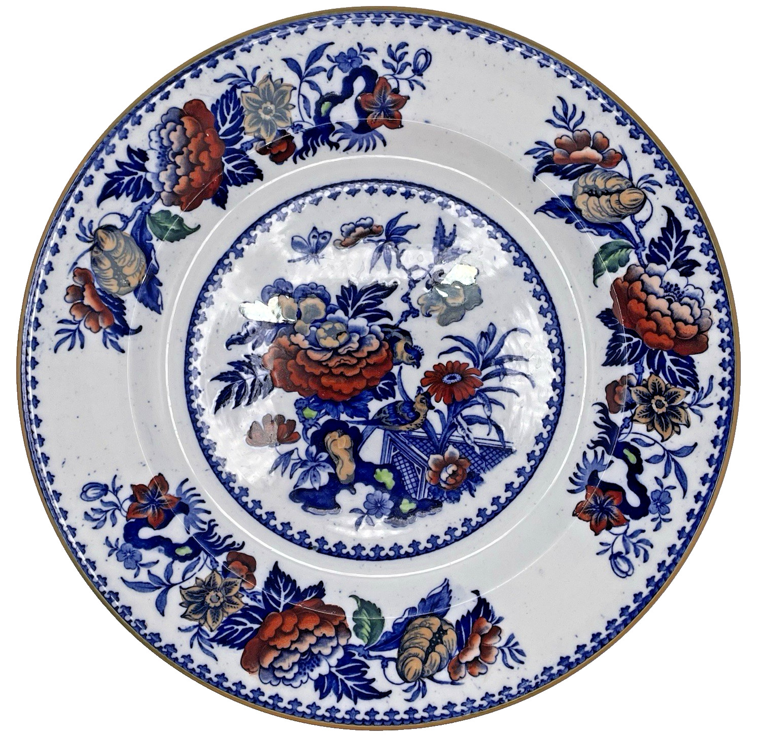 1918 Wedgwood ‘Bullfinch’ Dinner Plate Smooth Rim Polychrome Luster Rare Antique