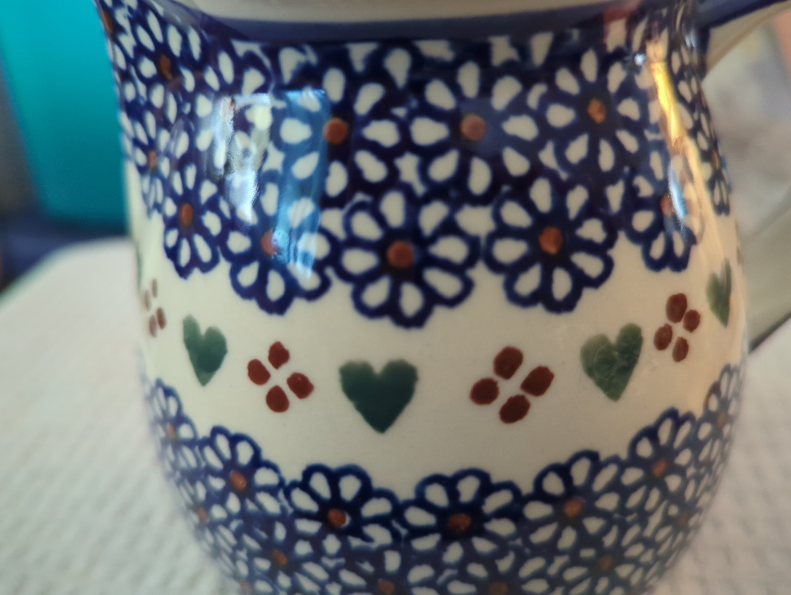 Boleslawiec Polish Pottery Hearts, Blue & White 24 Oz. Milk/Water Pitcher 5.25″