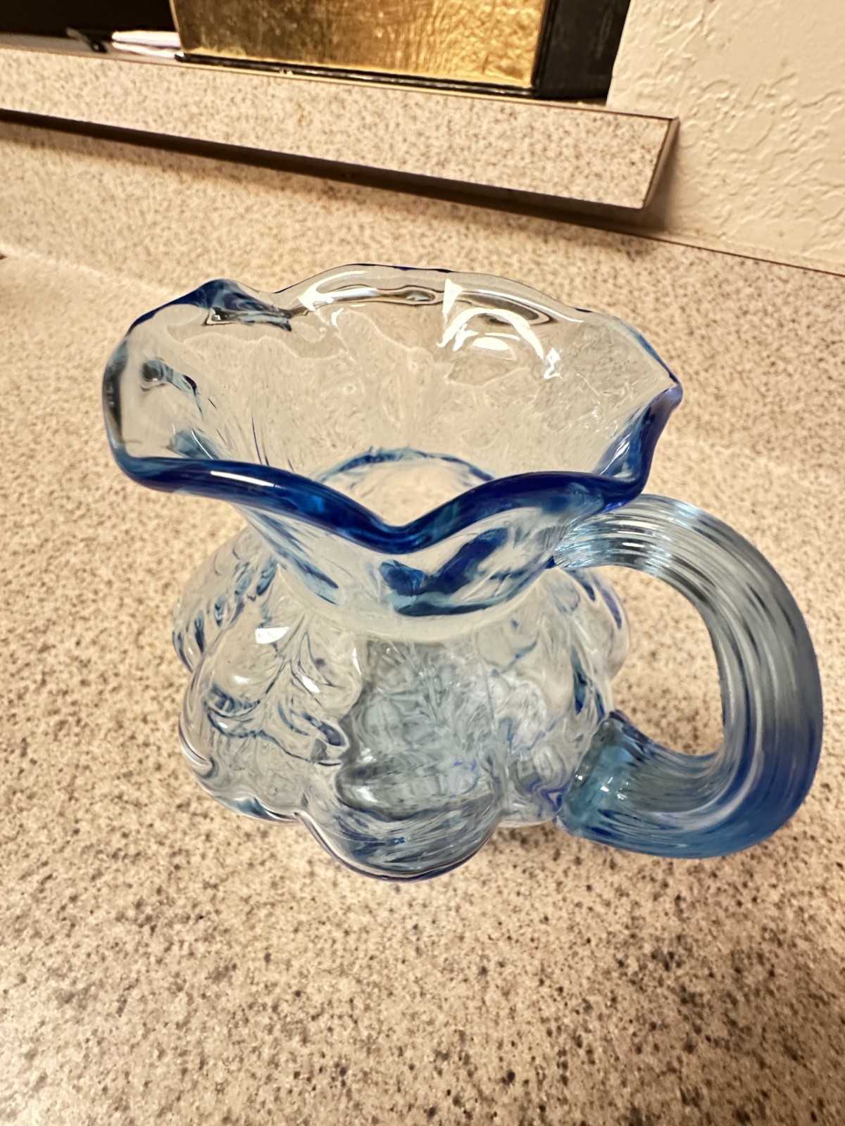 5 1/4″ Vintage FENTON DRAPERY Light Blue PITCHER w/ Crimped Rim