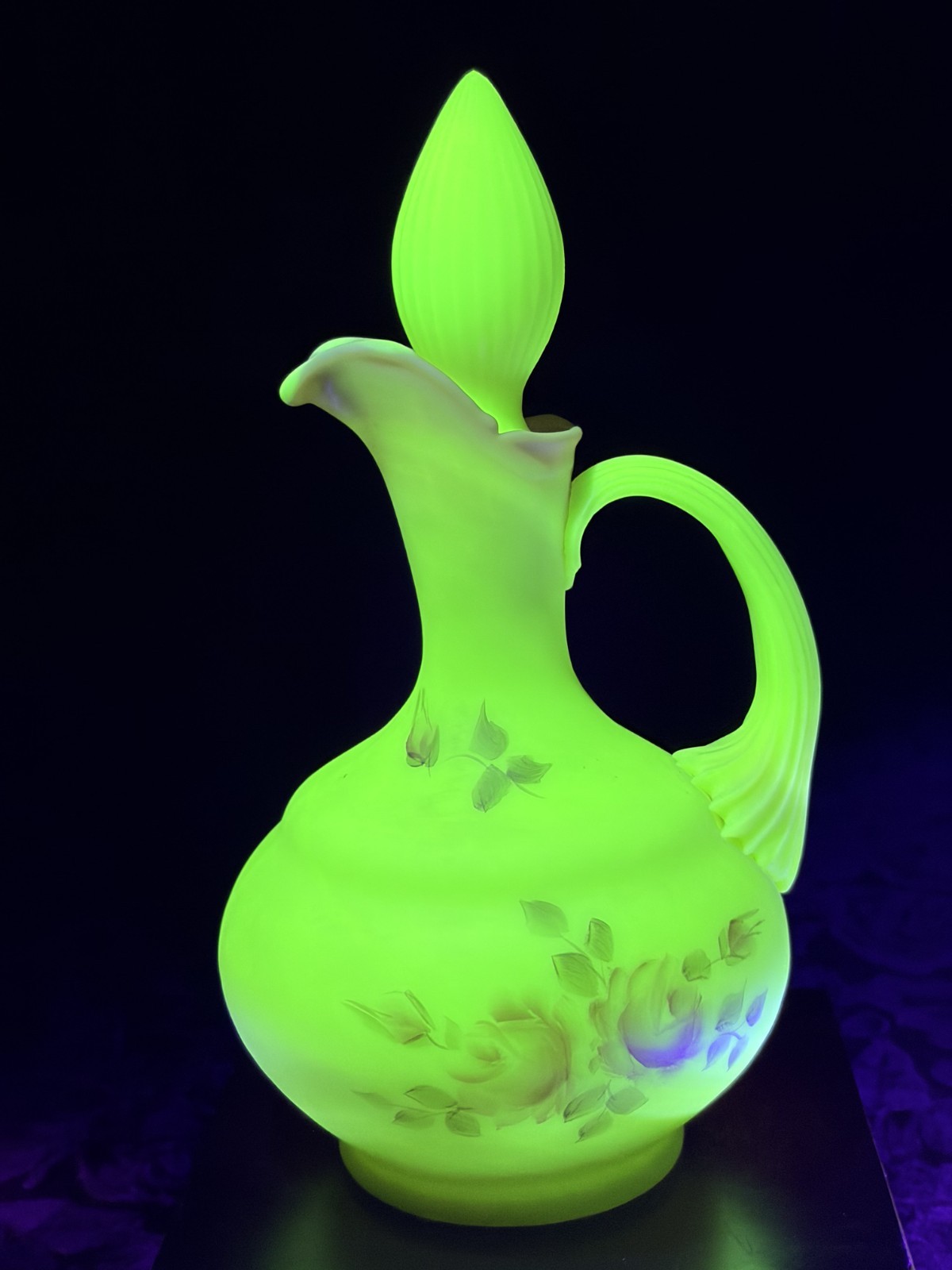 Vintage Fenton Burmese Satin Glass Cruet Stopper Hand Painted Roses UV Glow