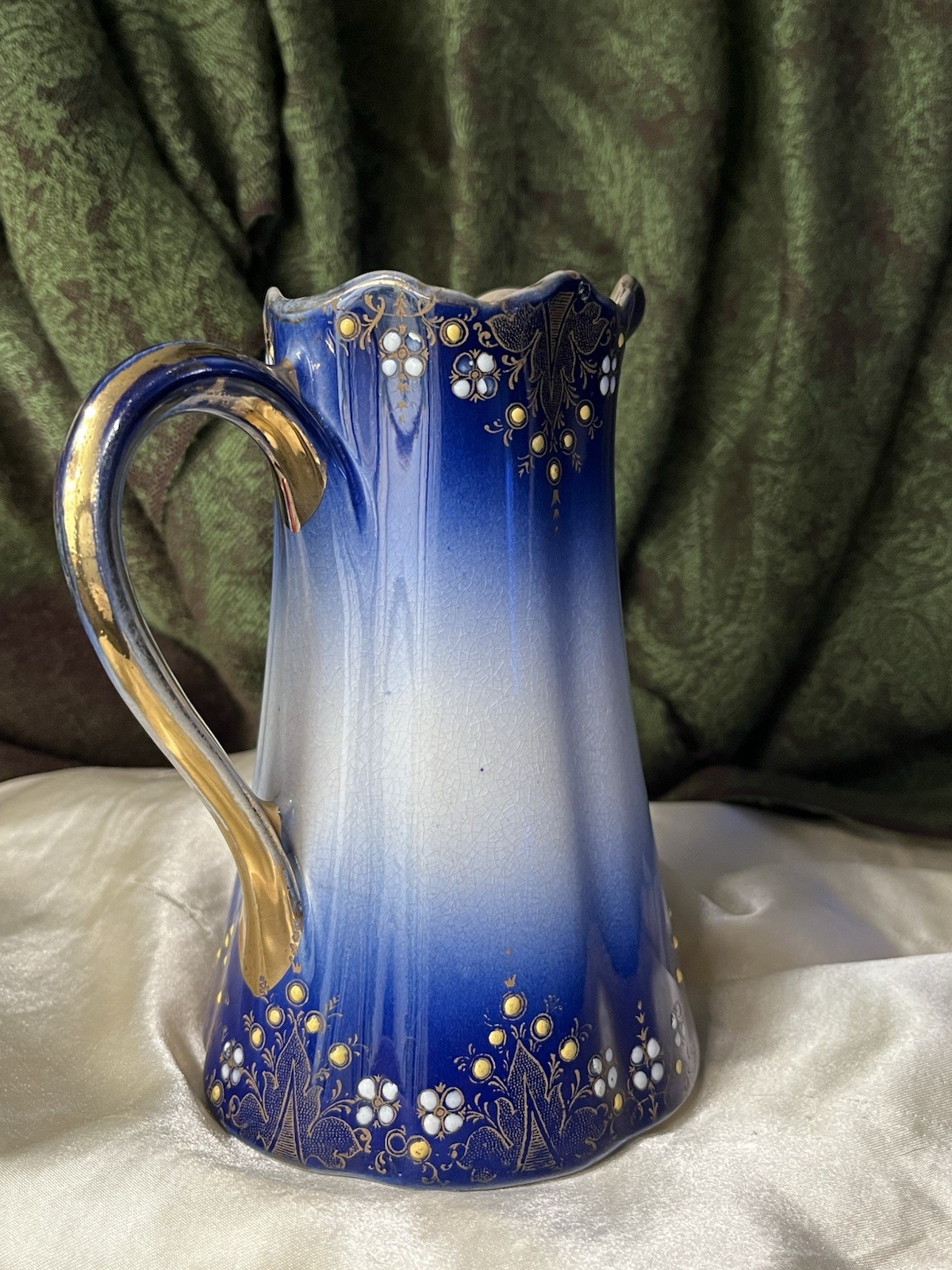 K et G Lunéville Blue White Gold Ceramic Floral Decorative Pitcher France