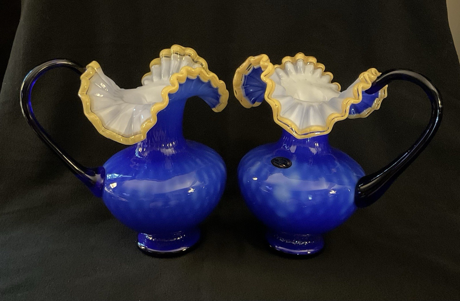 2 MCM Arte Murano Kristall Mery Cobalt Blue Pitcher W/Yellow Ruffled Rim 8.5