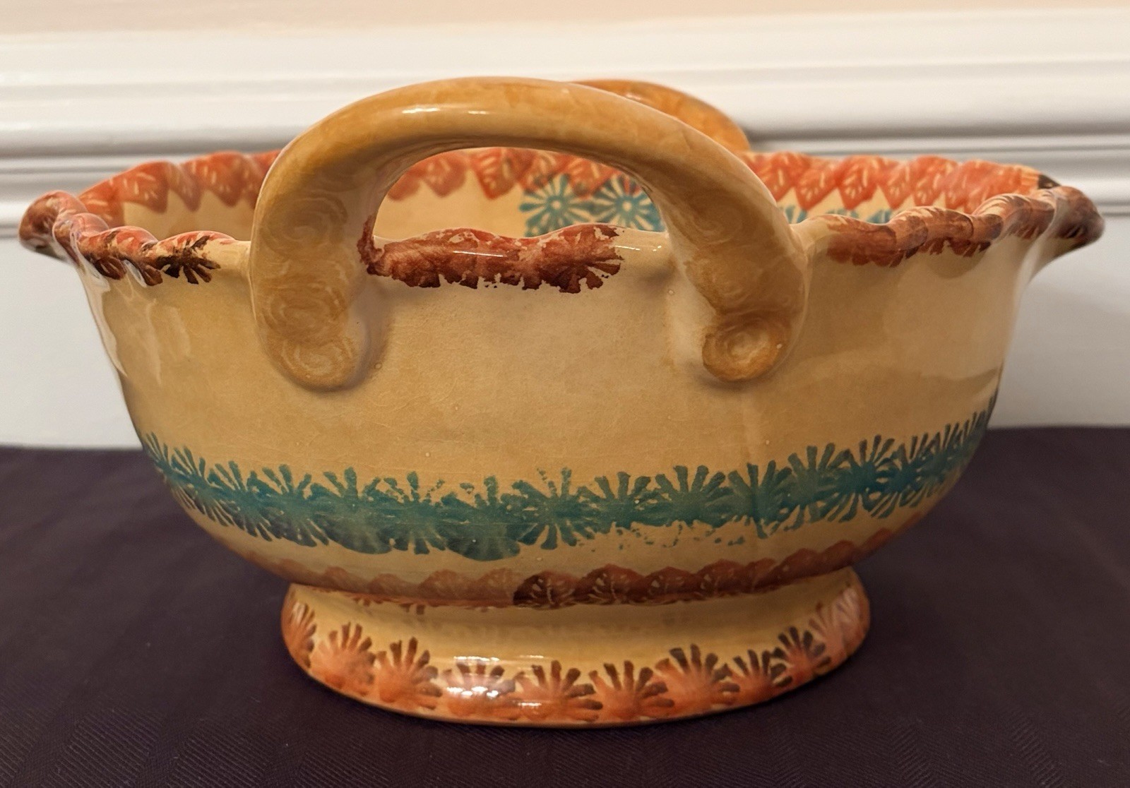 Vintage Italian Hand Painted Majolica Centerpiece Fruit Bowl Double Handle 14”