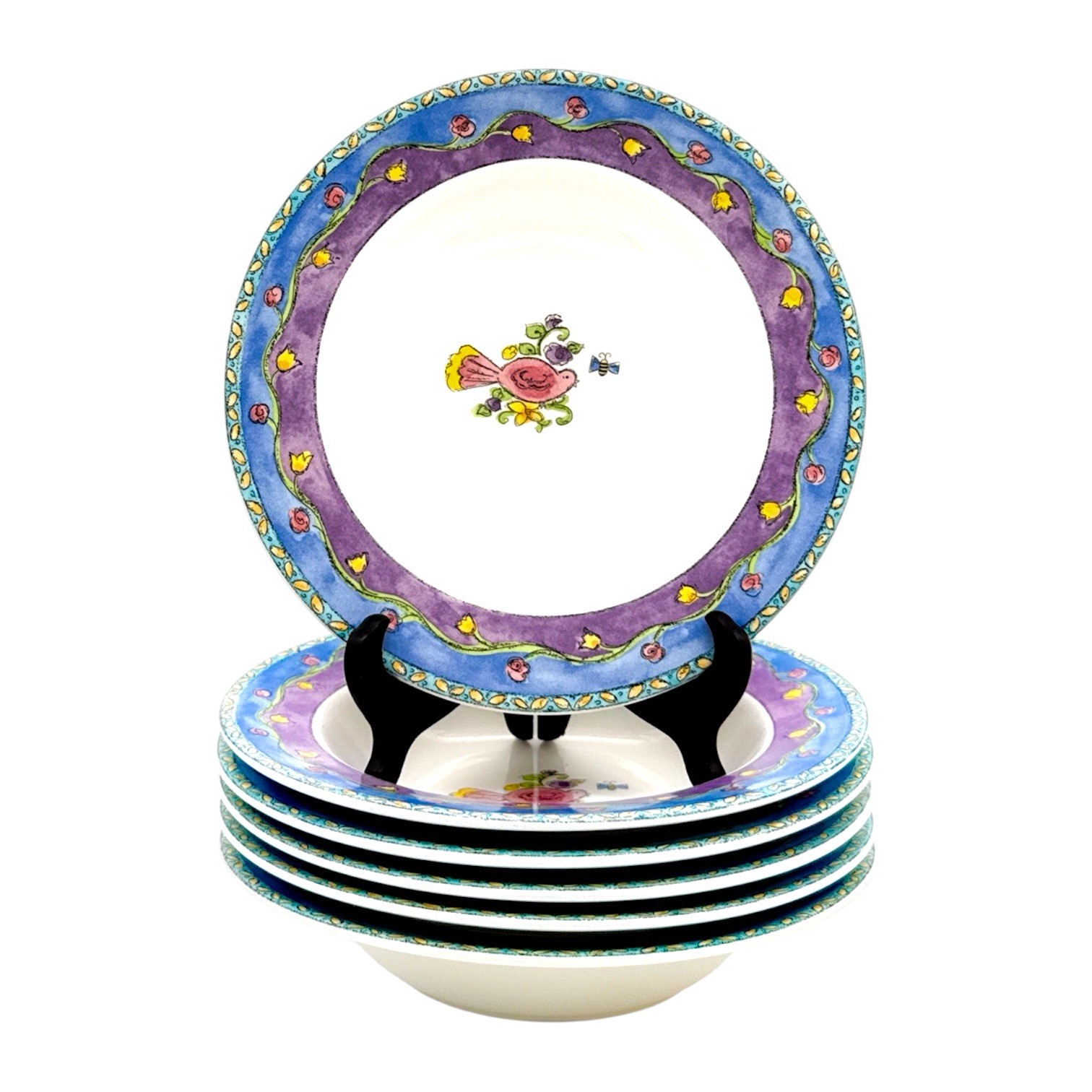 Sango Birds & the Bees Rimmed Soup Bowls by Sue Zipkin Stoneware Floral Set Of 6