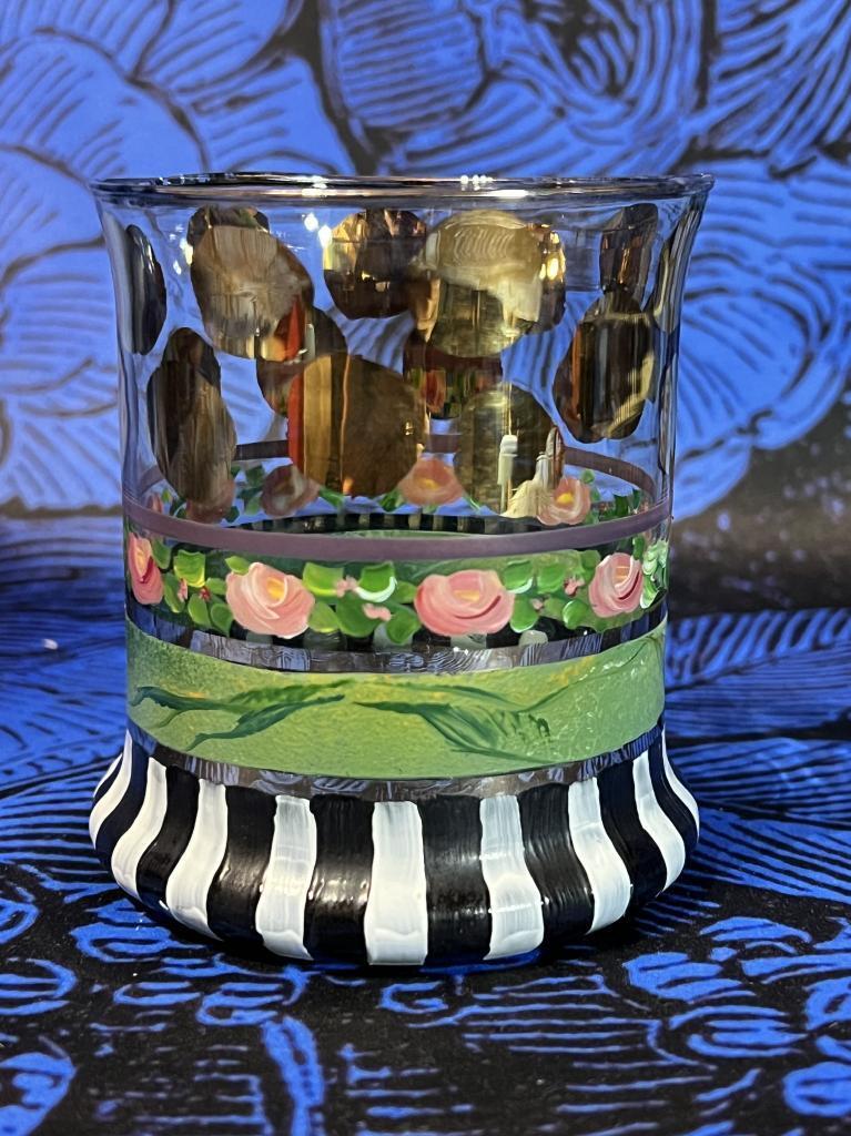 McKenzie-Childs Hand Painted 9″ Circus Carrera Glass Plate and Tumbler Set