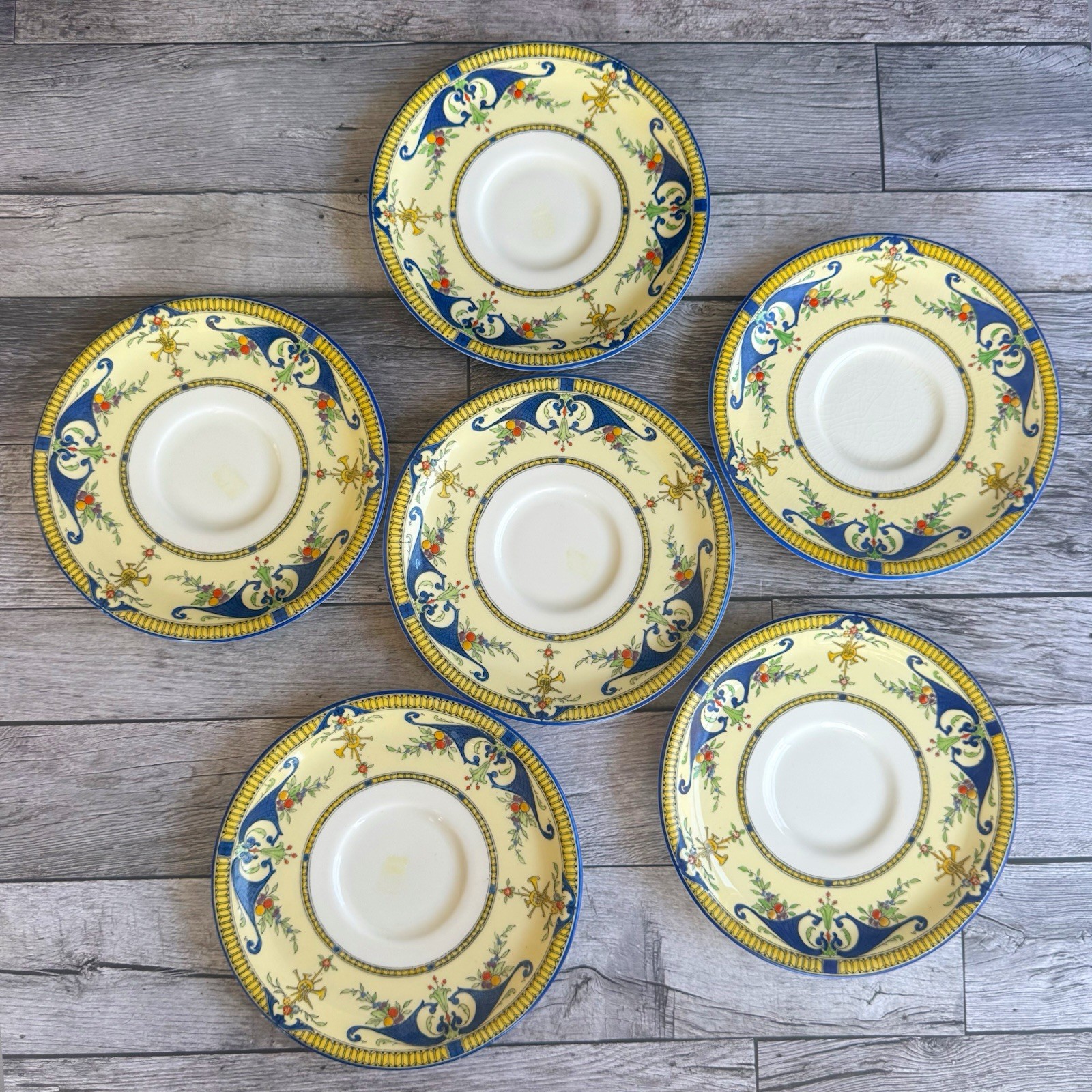 Royal Worcester Bordeaux Set of 6 Saucers England Blue Yellow 6.25”