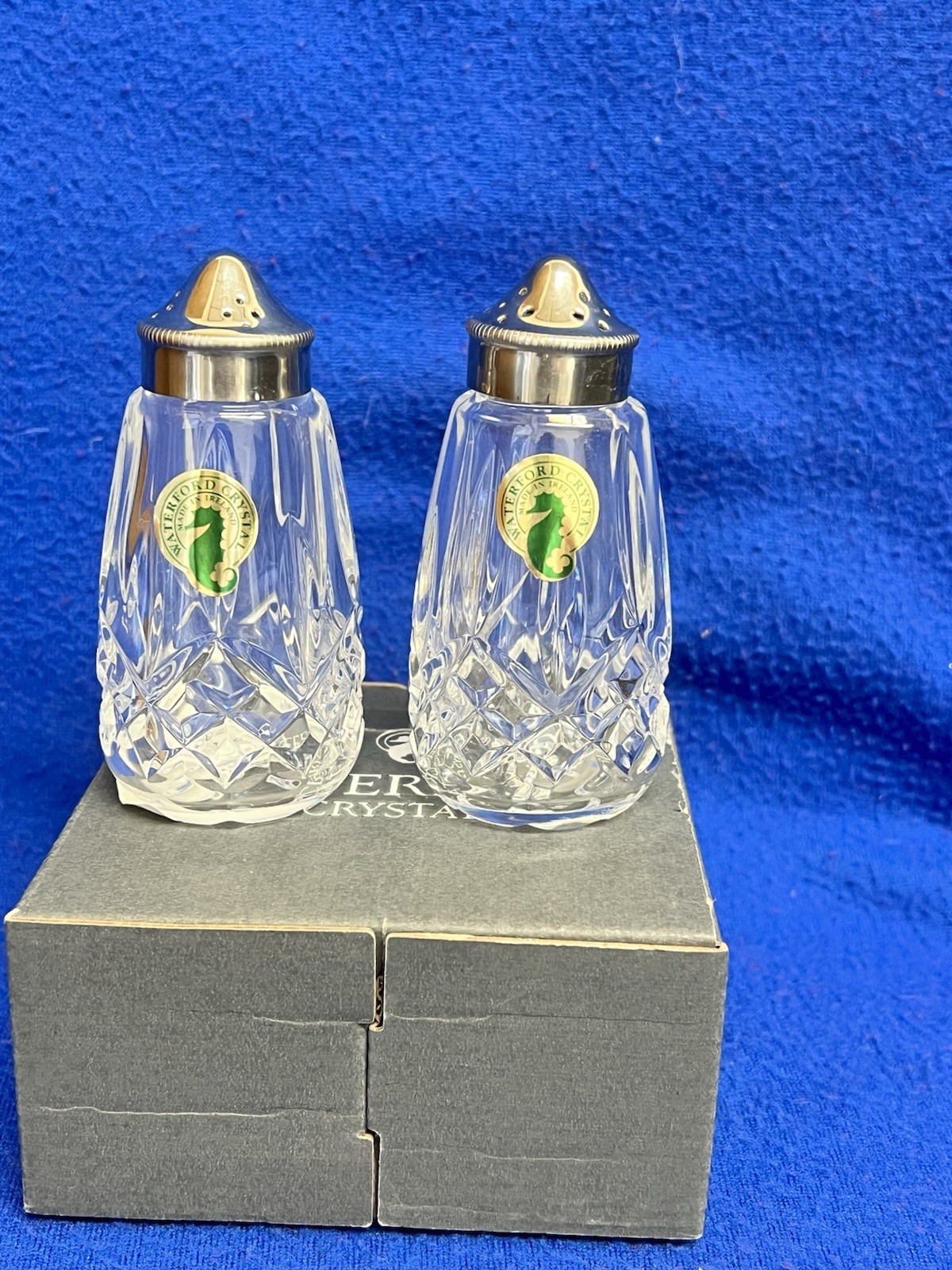 Waterford Crystal “Lismore” Salt & Pepper Shakers NIB Signed Pristine